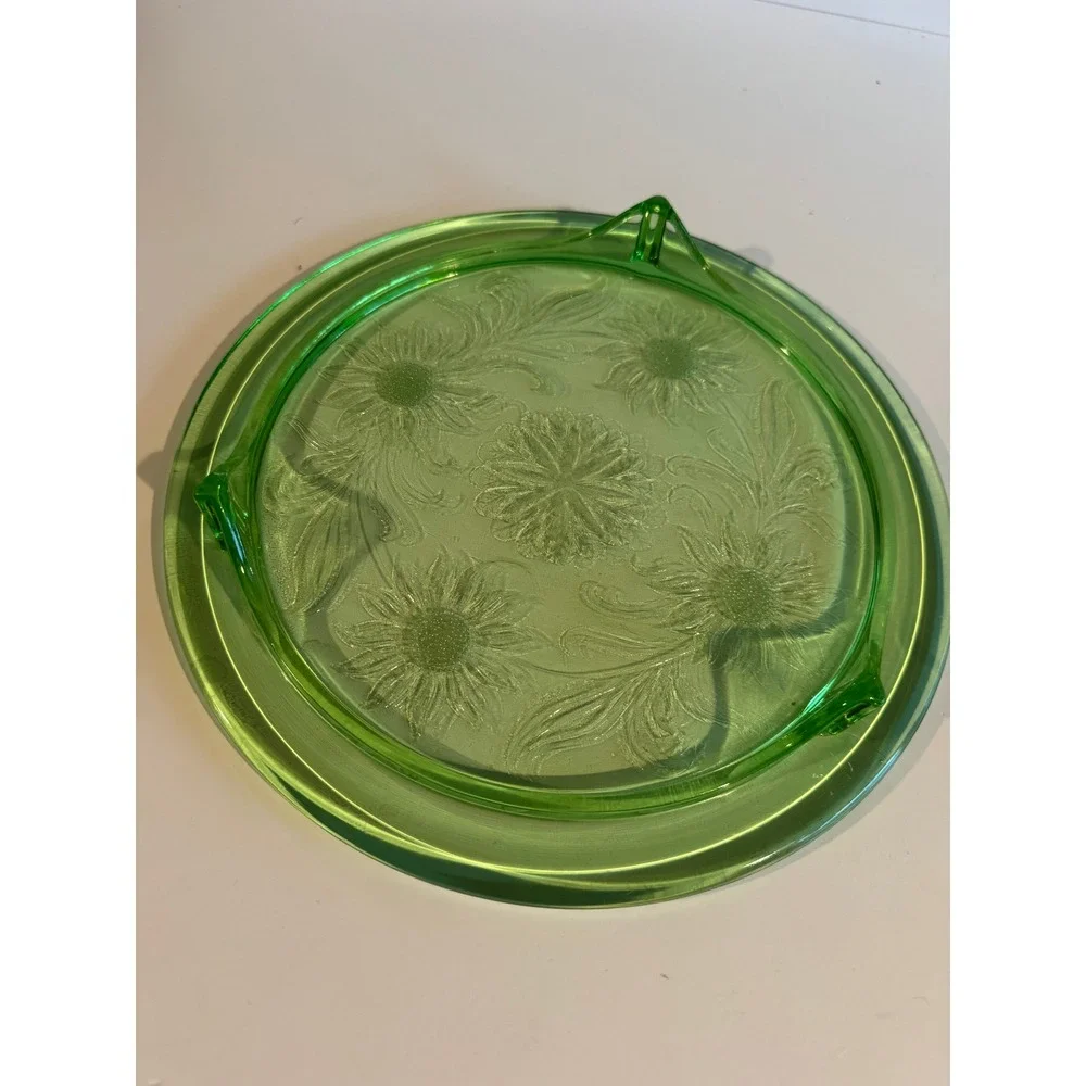 Vintage Uranium Depression Glass Cake Plate Floral Pattern Footed Glows Under UV